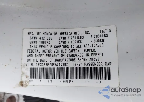 2015 Honda Accord Ex из США, поврежденный, VIN 1HGCR2F70FA210492